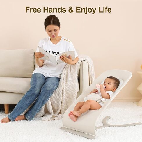 3-in-1 Baby Bouncer & Portable Rocker Chair for Newborn to Toddler - 4 Adjustable Recline Positions, Breathable Cotton Fabric, Natural Vibration, Supports Up to 33 lbs, Khaki in Kuwait