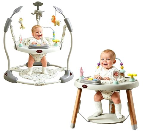 CuddoBaby Baby Jumper 4-Stage Convertible| مونتيسوري - 8 ألعاب تفاعلية مستوحاة | مفرش لعب تومي تايم، كرسي هزاز، صحن تمرين، طاولة للأطفال الصغار| موسيقى وأضواء | 3-6، 6-12، 12-18، 12-24 شهرًا - رمادي in Kuwait