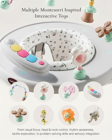 CuddoBaby Baby Jumper 4-Stage Convertible| مونتيسوري - 8 ألعاب تفاعلية مستوحاة | مفرش لعب تومي تايم، كرسي هزاز، صحن تمرين، طاولة للأطفال الصغار| موسيقى وأضواء | 3-6، 6-12، 12-18، 12-24 شهرًا - رمادي in Kuwait