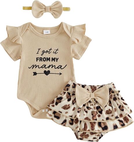 fhutpw Newborn Baby Girl Clothes Ribbed Sleeve Romper Top Leopard Ruffle Shorts Bow Headband Infant Summer Outfits 0-18M in Kuwait