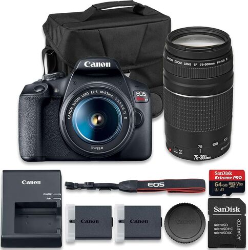 كاميرا Canon EOS Rebel T7 DSLR مع عدسة EF-S 18-55mm f/3.5-5.6 is II وEF 75-300mm f/4-5.6 III + بطارية LP-E10 إضافية + SanDisk Extreme Pro سعة 64 جيجابايت + حقيبة كاميرا + المزيد (حزمة مكونة من 16 قطعة) in Kuwait