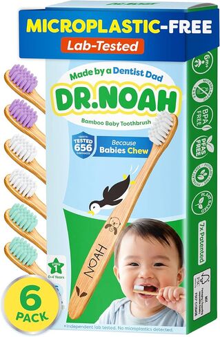 Dr. Noah Microplastic-Free Bamboo Baby Toothbrush | Dentist Designed | 656 Substances Safety Tested | BPA, PFAS & Phthalate Free | 6-Pack | Soft Bristles | Infant to Toddler, 6-12 Months, Age 2-4 Kids in Kuwait