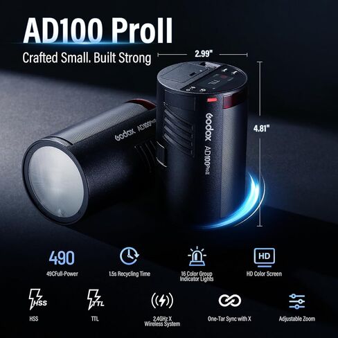 Godox AD100 PRO II AD100Pro II AD100ProII Pocket Flash 2026 Godox 100w Strobe Light 2W LED, 490 Full Power Pops, 0.01–1.5s Recycle, TTL/HSS 1/8000s 2850mAh Battery in Kuwait