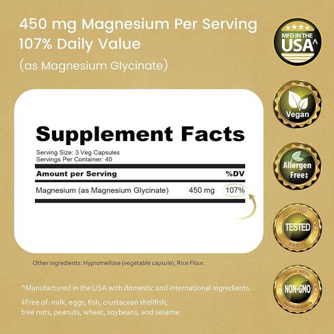 Magnesium Glycinate 450 MG Maximum Bioavailability Chelate No Laxative Effect Vegan Helps Function of Muscles, Bones, Heart Non-GMO in Saudi Arabia