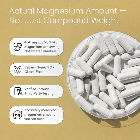 Magnesium Glycinate 450 MG Maximum Bioavailability Chelate No Laxative Effect Vegan Helps Function of Muscles, Bones, Heart Non-GMO in Saudi Arabia