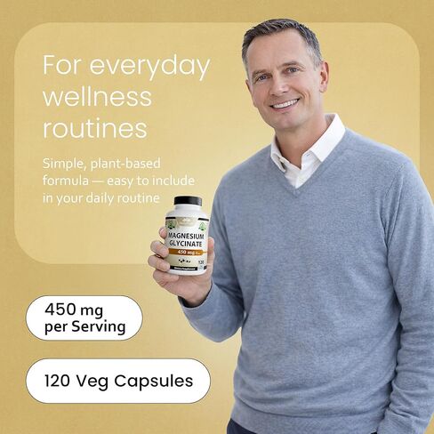 Magnesium Glycinate 450 MG Maximum Bioavailability Chelate No Laxative Effect Vegan Helps Function of Muscles, Bones, Heart Non-GMO in Saudi Arabia