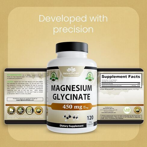 Magnesium Glycinate 450 MG Maximum Bioavailability Chelate No Laxative Effect Vegan Helps Function of Muscles, Bones, Heart Non-GMO in Saudi Arabia