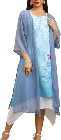 Honwenle Women's Linen Dress 2 Piece Outfit Floral Sleeveless Loose Maxi Summer Dresses with Jacket Formal Casual in Saudi Arabia