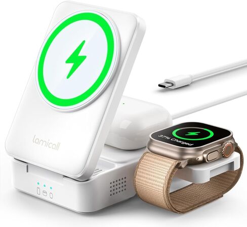 Lamicall 3 in 1 Compact Wireless Charging Station for Apple Magsafe, [Safe Cooling] Foldable Travel Magnetic Charger Stand Gifts for iPhone 17 16 15 14 13 12 Series, Airpods Pro, Apple Watch Ultra in Saudi Arabia