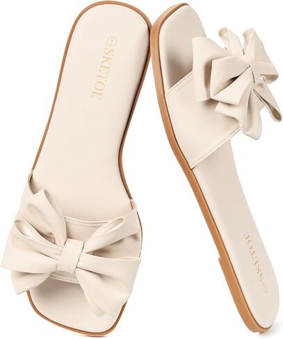 Women's Bow Flat Sandals Open Saquare Toe Sandals Comfortable Slide Slip On Sandals for Wedding Beach Vacation in Kuwait
