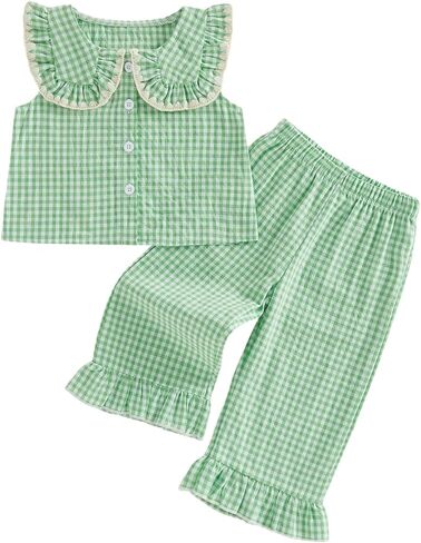 Toddler Baby Girl Summer Clothes Gingham Top Linen Pants 2 Piece Outfits in Kuwait