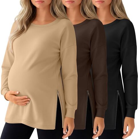 3 Pack Women's Maternity Shirts Long Sleeve T-Shirts Cotton Zipper Split Side Tops Casual Loose Pregnancy Clothes(Black, Brown, Khaki,Large) in Kuwait