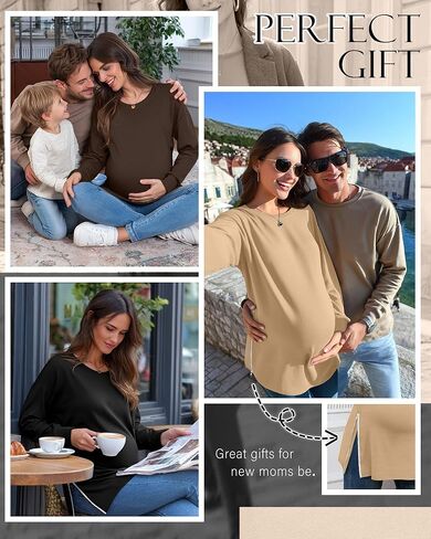 3 Pack Women's Maternity Shirts Long Sleeve T-Shirts Cotton Zipper Split Side Tops Casual Loose Pregnancy Clothes(Black, Brown, Khaki,Large) in Kuwait