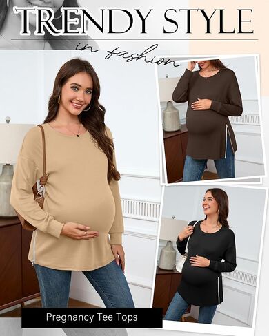 3 Pack Women's Maternity Shirts Long Sleeve T-Shirts Cotton Zipper Split Side Tops Casual Loose Pregnancy Clothes(Black, Brown, Khaki,Large) in Kuwait