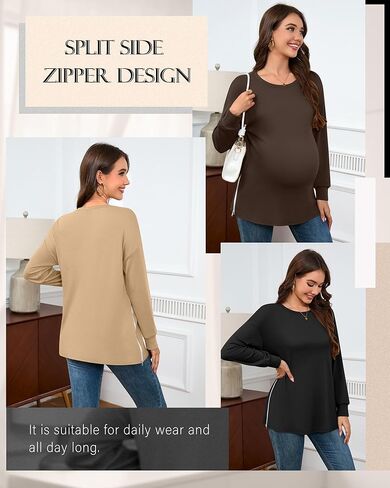 3 Pack Women's Maternity Shirts Long Sleeve T-Shirts Cotton Zipper Split Side Tops Casual Loose Pregnancy Clothes(Black, Brown, Khaki,Large) in Kuwait