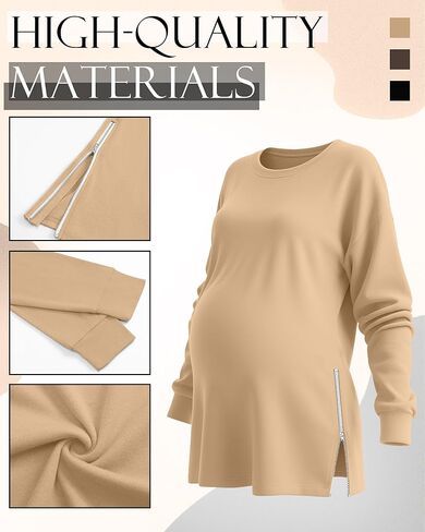 3 Pack Women's Maternity Shirts Long Sleeve T-Shirts Cotton Zipper Split Side Tops Casual Loose Pregnancy Clothes(Black, Brown, Khaki,Large) in Kuwait