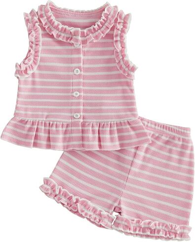 WZTYYDS Toddler Baby Girl Clothes Summer Sleeveless Ruffle Tops Buttons Shirt Shorts Set Waffle Knit Striped Outfit in Kuwait