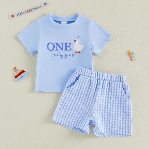 Baby Boy Girl One Silly Goose Birthday Outfit | One Silly Goose Print First Birthday Outfit Short Sleeve Shirts and Checkered Shorts Set in Saudi Arabia