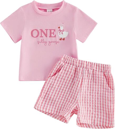 Baby Boy Girl One Silly Goose Birthday Outfit | One Silly Goose Print First Birthday Outfit Short Sleeve Shirts and Checkered Shorts Set in Saudi Arabia