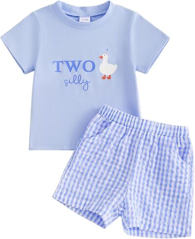 Baby Boy Girl One Silly Goose Birthday Outfit | One Silly Goose Print First Birthday Outfit Short Sleeve Shirts and Checkered Shorts Set in Saudi Arabia
