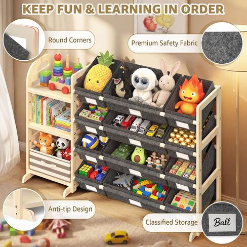 HONGDDY Toy Storage Organizer with 3 Shelves and 12 Bins, Bookshelf/Bookcase, Kids Bin Shelf, Toys Box for Playroom Organization for Bedroom & Room in Kuwait