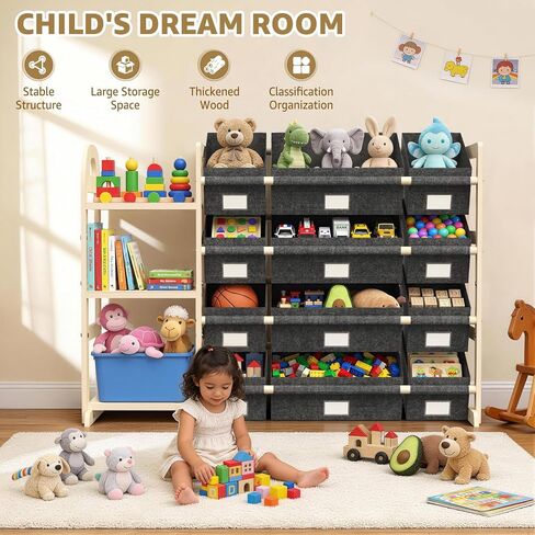 HONGDDY Toy Storage Organizer with 3 Shelves and 12 Bins, Bookshelf/Bookcase, Kids Bin Shelf, Toys Box for Playroom Organization for Bedroom & Room in Kuwait