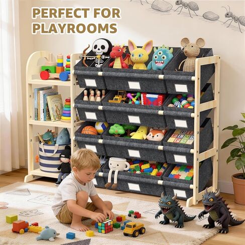 HONGDDY Toy Storage Organizer with 3 Shelves and 12 Bins, Bookshelf/Bookcase, Kids Bin Shelf, Toys Box for Playroom Organization for Bedroom & Room in Kuwait