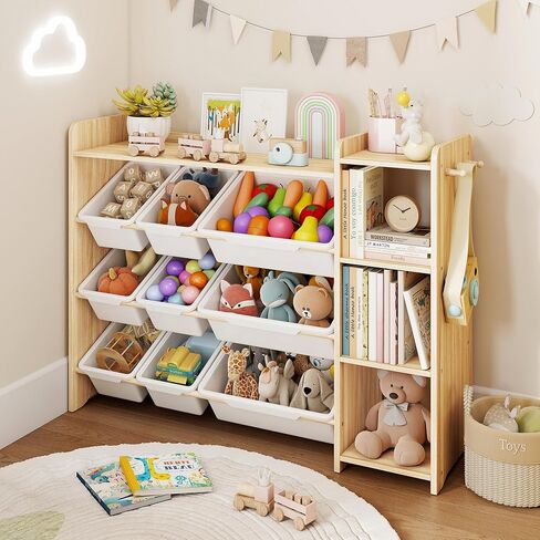 DOREROOM Toy Storage Organizer with Bookshelf, Kids Toy Storage and Organizers with 3 Shelves/9 Bins/3 Hooks, Bin Shelf, Toy Organization for Playroom, Nursery, Bedroom, Toddler Room | Wood & White in Saudi Arabia