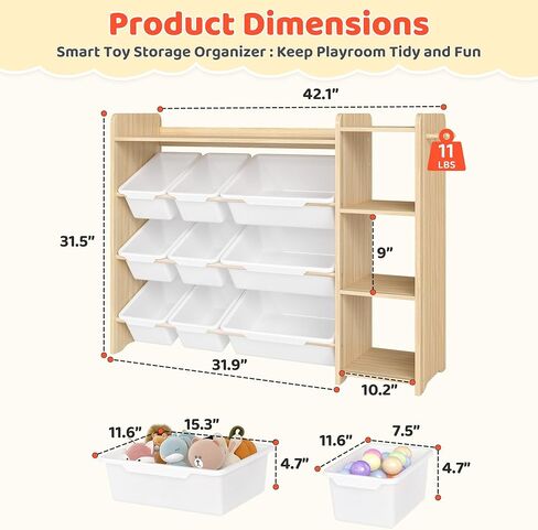 DOREROOM Toy Storage Organizer with Bookshelf, Kids Toy Storage and Organizers with 3 Shelves/9 Bins/3 Hooks, Bin Shelf, Toy Organization for Playroom, Nursery, Bedroom, Toddler Room | Wood & White in Saudi Arabia