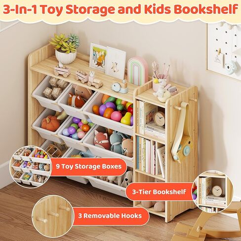 DOREROOM Toy Storage Organizer with Bookshelf, Kids Toy Storage and Organizers with 3 Shelves/9 Bins/3 Hooks, Bin Shelf, Toy Organization for Playroom, Nursery, Bedroom, Toddler Room | Wood & White in Saudi Arabia