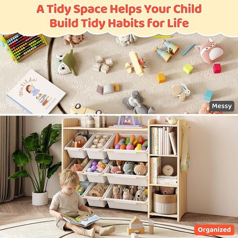 DOREROOM Toy Storage Organizer with Bookshelf, Kids Toy Storage and Organizers with 3 Shelves/9 Bins/3 Hooks, Bin Shelf, Toy Organization for Playroom, Nursery, Bedroom, Toddler Room | Wood & White in Saudi Arabia