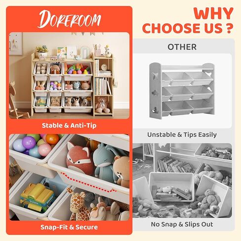 DOREROOM Toy Storage Organizer with Bookshelf, Kids Toy Storage and Organizers with 3 Shelves/9 Bins/3 Hooks, Bin Shelf, Toy Organization for Playroom, Nursery, Bedroom, Toddler Room | Wood & White in Saudi Arabia