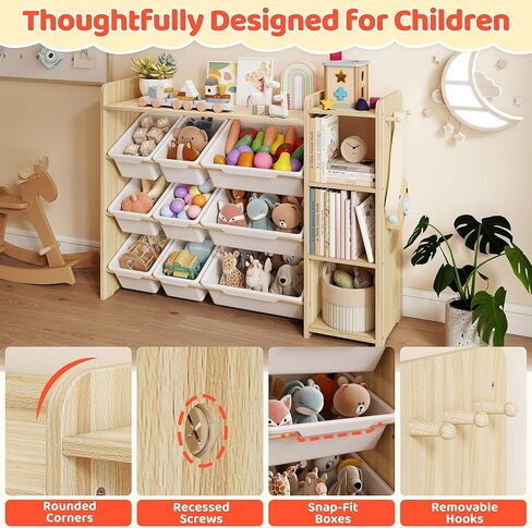DOREROOM Toy Storage Organizer with Bookshelf, Kids Toy Storage and Organizers with 3 Shelves/9 Bins/3 Hooks, Bin Shelf, Toy Organization for Playroom, Nursery, Bedroom, Toddler Room | Wood & White in Saudi Arabia