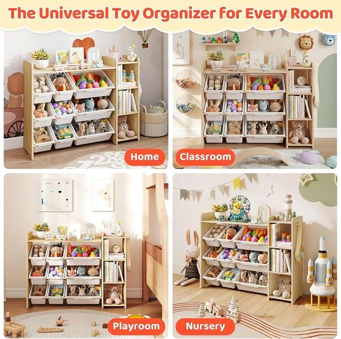 DOREROOM Toy Storage Organizer with Bookshelf, Kids Toy Storage and Organizers with 3 Shelves/9 Bins/3 Hooks, Bin Shelf, Toy Organization for Playroom, Nursery, Bedroom, Toddler Room | Wood & White in Saudi Arabia