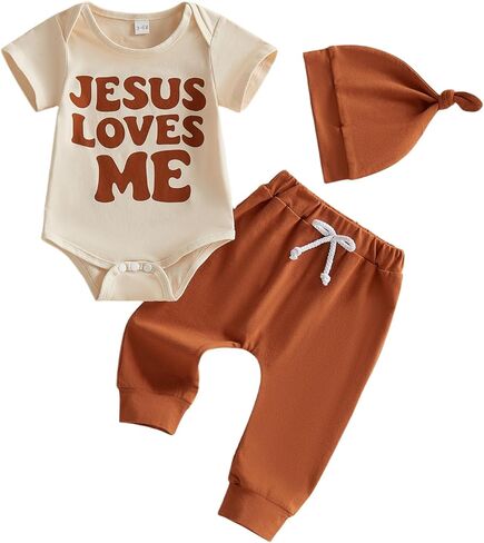 Newborn Baby Boy Christian Clothes Jesus Loves Me Romper Long Pants Set Hat 3Pcs Summer Baptism Outfits in Kuwait