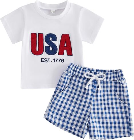 Baby Boy 4th Of July Outfit Toddler Waffle Short Sleeve T Shirt Tops Shorts 2 Piece Set Summer Patriotic Clothes in Saudi Arabia