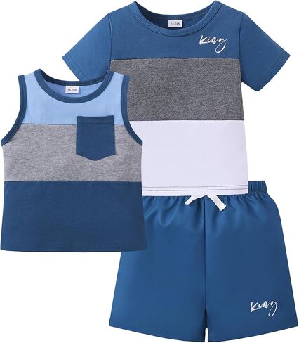 Jecson Toddler Boy Clothes 3-Piece Summer Set - Sleeveless Tank, Short Sleeve Top and Shorts 12M-4T in Kuwait