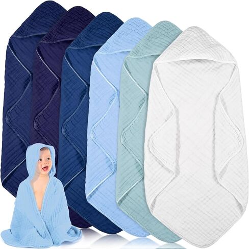 Peryiter 6 Pcs Muslin Hooded Baby Towels, 32"x 32" Cotton Newborn Bath Towel Muslin Infant Baby Blankets Absorbent Unisex Newborn Registry Gift Essentials for Girls Boys (Blue) in Saudi Arabia