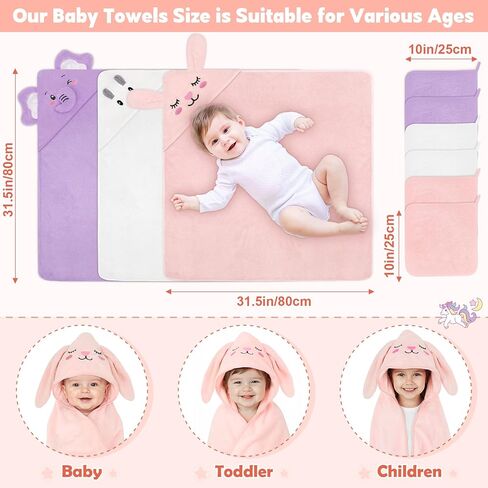 CandyHome 9 PCS Baby Bath Towels for Infants Toddlers, 3 PCS Animal Hooded Baby Towels & 6 PCS Washcloths Set, Ultra Absorbent Soft Cute Newborn Bath Essentials Gifts for Boys & Girls in Saudi Arabia