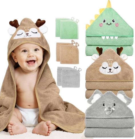 CandyHome 9 PCS Baby Bath Towels for Infants Toddlers, 3 PCS Animal Hooded Baby Towels & 6 PCS Washcloths Set, Ultra Absorbent Soft Cute Newborn Bath Essentials Gifts for Boys & Girls in Saudi Arabia