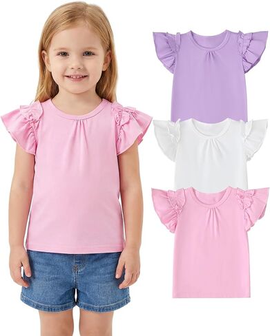 3 Pack Toddler Girl Shirts: Short Ruffle Sleeve Round Neck T-Shirts Cotton Tee Summer Casual Tops Size 18M-5Y in Saudi Arabia