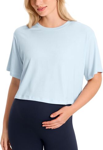 MOMANDA الصيف الأمومة المحاصيل الأعلى مشروط القطن قصير الأكمام فضفاضة المحاصيل بلايز Crewneck in Kuwait