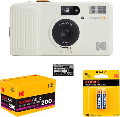 كاميرا فيلم Kodak Snapic A1 مقاس 35 مم (أبيض عاجي) مع لفة من فيلم ذهبي 200 وبطاريات وحزمة قماش للتنظيف من الألياف الدقيقة in Kuwait