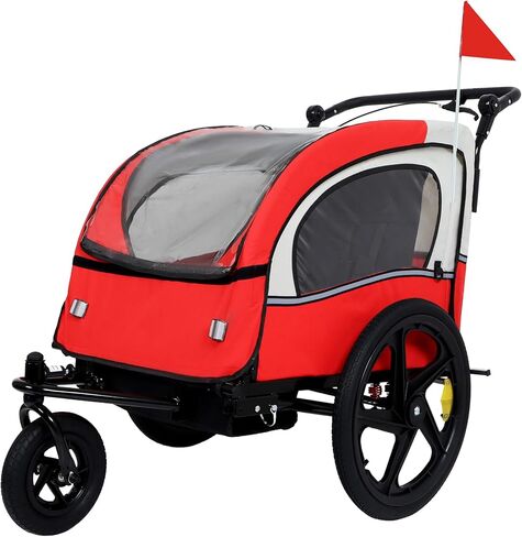 2-in-1 Double 2 Seat with 5-Point Safety Harnesses Bicycle Bike Trailer Jogger Stroller for Kids Children Foldable Collapsible w/Pivot Front Wheel, Storage Bag in Kuwait