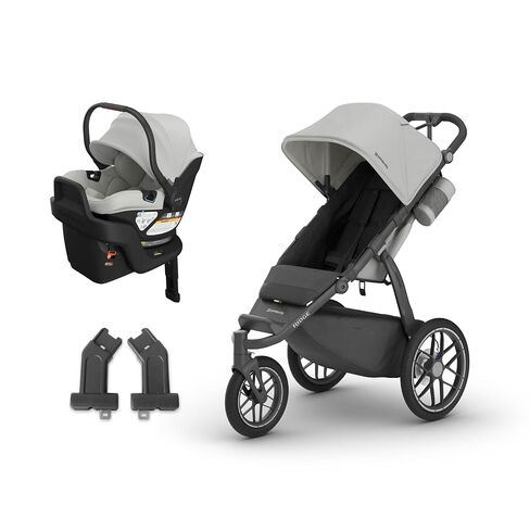 عربة الركض UPPAbaby Ridge V2 لجميع التضاريس بثلاث عجلات + نظام سفر مقعد السيارة للرضع Aria V2 - مجموعة عربة الأطفال حديثي الولادة إلى الأطفال الصغار، قاعدة مقعد السيارة متضمنة، إطارات غير مسطحة - سافانا (رمادي لؤلؤي) in Kuwait