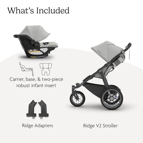 عربة الركض UPPAbaby Ridge V2 لجميع التضاريس بثلاث عجلات + نظام سفر مقعد السيارة للرضع Aria V2 - مجموعة عربة الأطفال حديثي الولادة إلى الأطفال الصغار، قاعدة مقعد السيارة متضمنة، إطارات غير مسطحة - سافانا (رمادي لؤلؤي) in Kuwait
