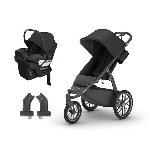 عربة الركض UPPAbaby Ridge V2 All-Terrain ذات 3 عجلات + نظام السفر لمقعد السيارة للرضع Aria V2 - مجموعة عربة الأطفال حديثي الولادة إلى الأطفال الصغار، قاعدة مقعد السيارة متضمنة، إطارات غير مسطحة - جيمس + جيك (أسود) in Kuwait