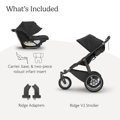عربة الركض UPPAbaby Ridge V2 All-Terrain ذات 3 عجلات + نظام السفر لمقعد السيارة للرضع Aria V2 - مجموعة عربة الأطفال حديثي الولادة إلى الأطفال الصغار، قاعدة مقعد السيارة متضمنة، إطارات غير مسطحة - جيمس + جيك (أسود) in Kuwait