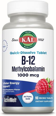 KAL Vitamin B12 Methylcobalamin 1000mcg, Healthy Energy, Metabolism, Nerve and Red Blood Cell Support, Fast Dissolve ActivMelt, High Absorption, Vegetarian, Natural Raspberry, 120 Serv, 120 Micro Tabs in Saudi Arabia