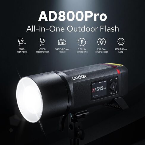 Godox AD800 Pro AD800Pro فلاش ستروب خارجي، محمول 800Ws 2.4G TTL 1/8000 HSS Monolight، إعادة تدوير 0.01-1.5s، مصباح تشكيل LED 40W، GODOX AD 800 Pro مع بطارية قابلة للشحن وحامل بوينز in Kuwait